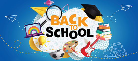 Assortment of back-to-school items: laptop, books, soccer ball, guitar, paint, school bus