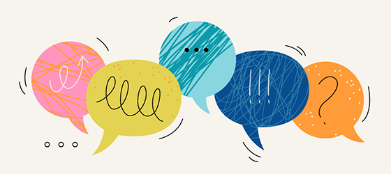 Conversation bubbles with question mark, exclamation mark and thought symbols