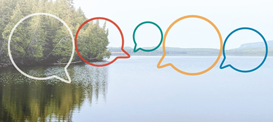 Lake and trees landscape with conversation bubbles