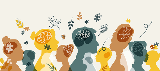 Silhouettes of diverse people of all backgrounds with mental wellness imagery 